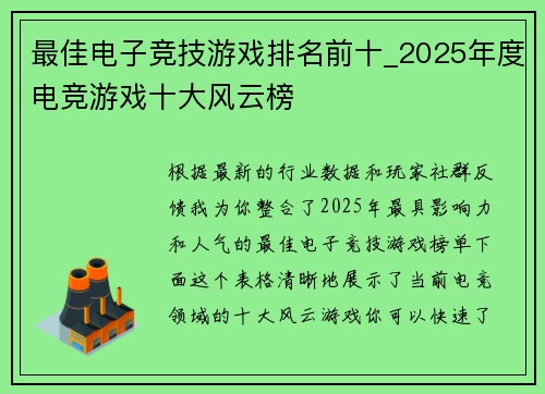 最佳电子竞技游戏排名前十_2025年度电竞游戏十大风云榜